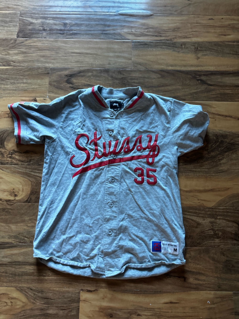 Stussy Grey Button-Up Baseball Jersey with Red Script